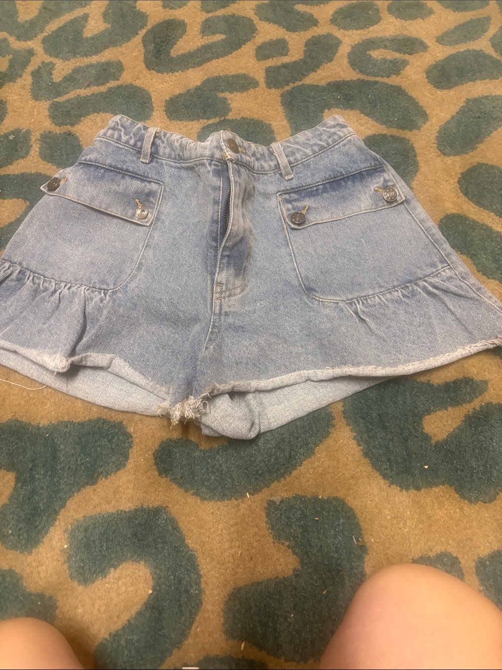 Mustard Seed Light Blue Denim Ruffle Hem Shorts
